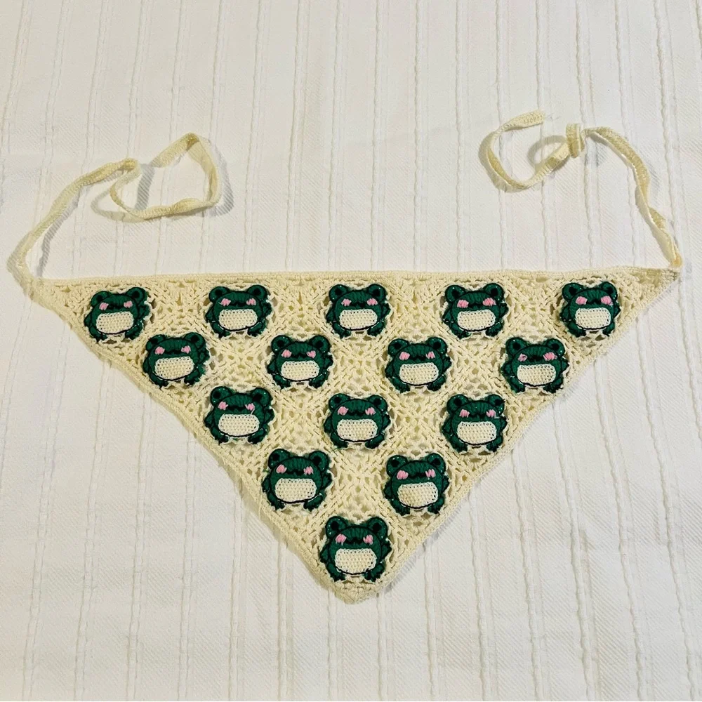 Cream and Green Crochet Hair Scarf - Picture 2 of 6